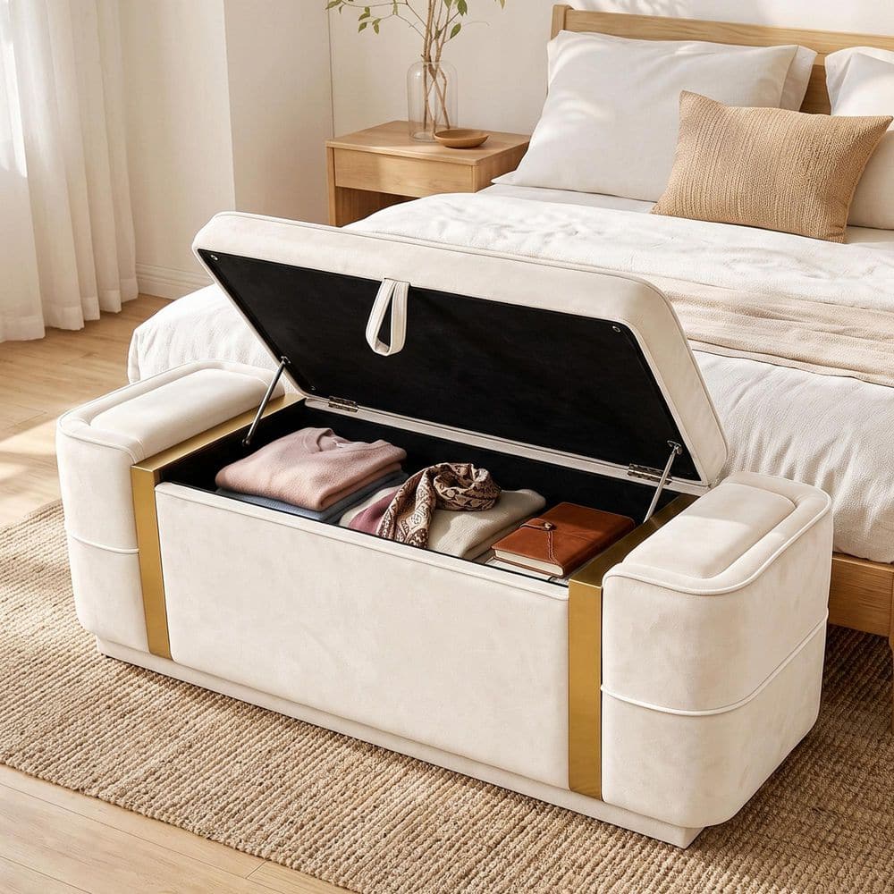 47.2 in. Beige Luxurious Velvet Upholstery Entryway Bench, Bedroom Bench with Storage price history on PriceWatchPro