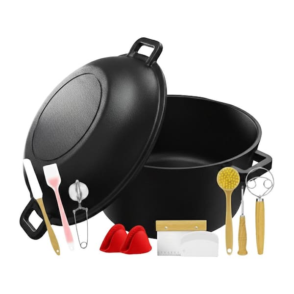 5 qt. Round Cast Iron Dutch Oven in Black with Lid, Sourdough Bread Baking Set, Pre-Seasoned, Multi-Functional