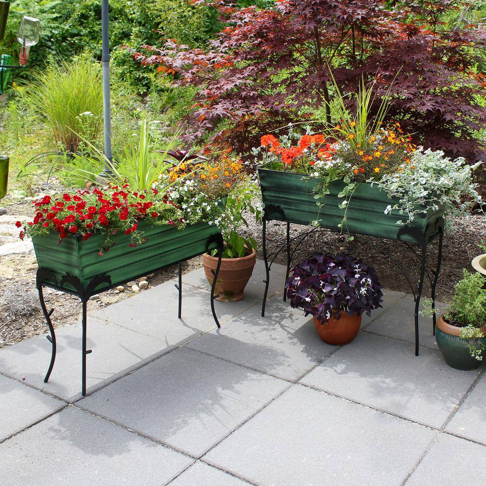 Green Galvanized Steel Flower Planter Box with Iron Stand