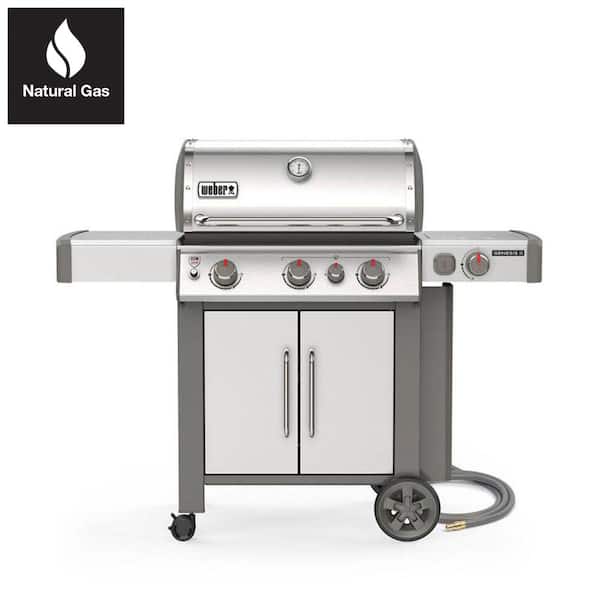 Weber Genesis Ii S 335 3 Burner Natural Gas Grill In Stainless With Built In Thermometer And Side Burner The Home Depot