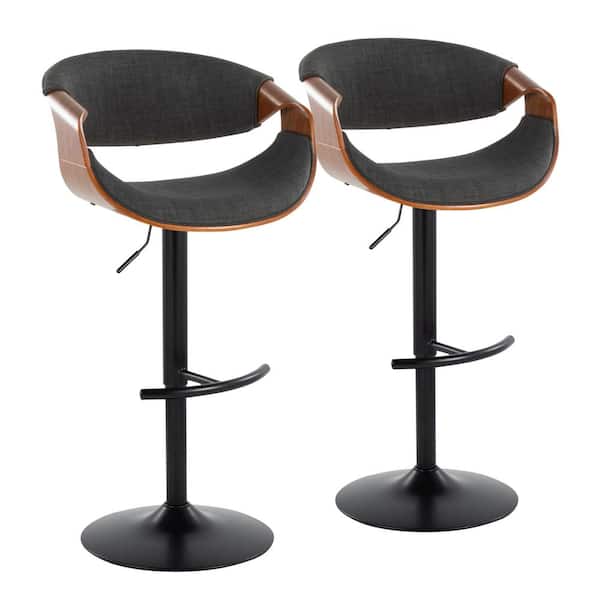 Lumisource Curvo 33.5 in. Charcoal Fabric, Walnut Wood and Black Metal Adjustable Bar Stool with Rounded T Footrest (Set of 2)
