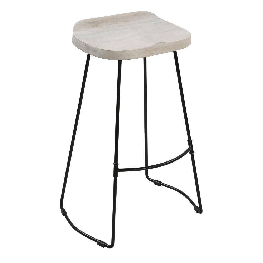 30-Inch Whitewashed Mango Wood Saddle Seat Backless Barstool with Black Metal Base
