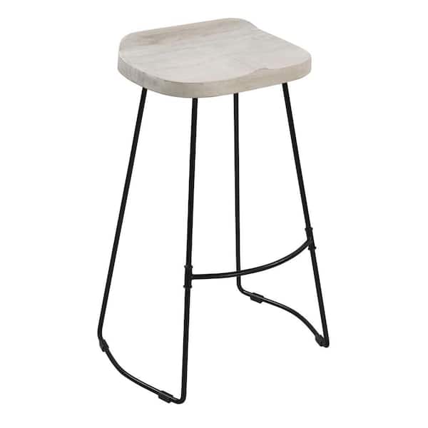 THE URBAN PORT Tiva 38 in. Whitewashed and Black Backless Metal Frame Handcrafted Barstool with Wooden Seat