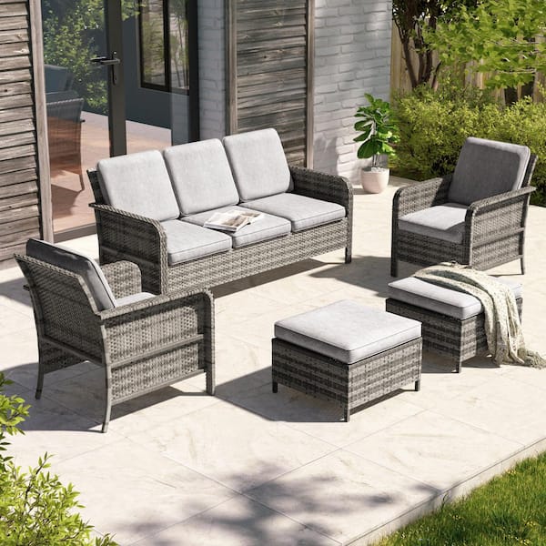 5-Piece Gray Wicker Outdoor Conversation Seating Sofa Set, Linen Grey Cushions with 3-Seater Sofa, Ottomans