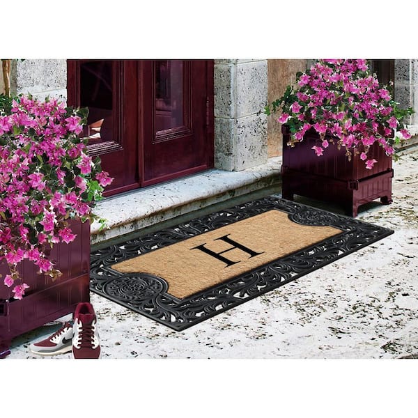 A1 Home Collections A1hc Welcome Floral Border Black 23 in x 38 in Rubber and Coir Dirt Trapper Large Doormat