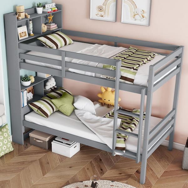 Harper & Bright Designs Solid Wood Frame Gray Twin Over Twin Bunk Bed with Bookcase Headboard