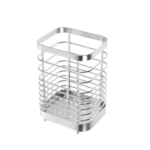 Silver Stainless Steel Utensil Holder with Drainage Holes for Kitchen Countertop, Cutlery Storage Organizer
