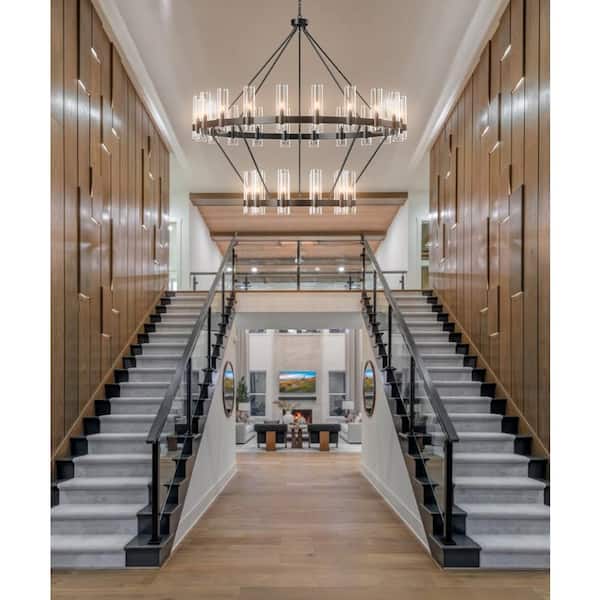 Farmhouse Chandelier 60 in. 30-Light Black Wagon Wheel Chandelier for Dining Room, Foyer, Living Room, Staircase