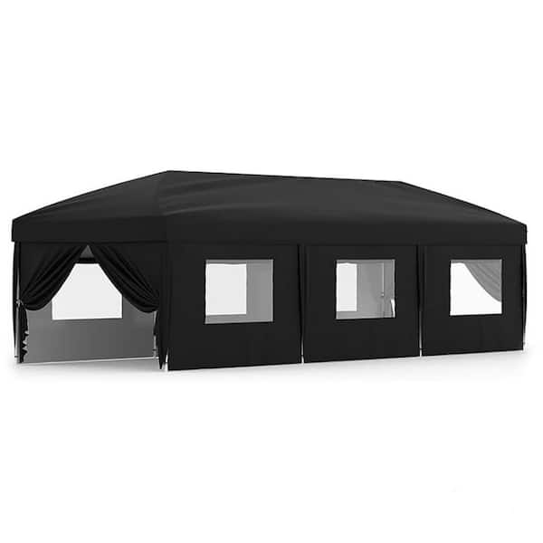 30 ft. x 10 ft. Instant Pop Up Canopy Tent Sun Shelter in Black with 8 Sidewalls & Portable Roller Bag