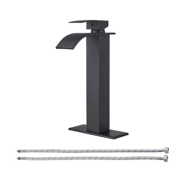 Waterfall Single Hole Single-Handle High-Arc Bathroom Faucet with Supply Line and Deckplate in Matte Black