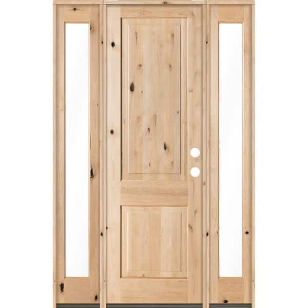 Krosswood Doors 58 in. x 96 in. Rustic Unfinished Knotty Alder Square-Top Wood Left-Hand Full Sidelites Clear Glass Prehung Front Door