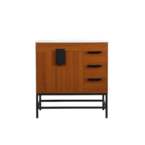 Unbranded Timeless Home 32 in. W x 22 in. D x 33.5 in. H Bath Vanity in Teak with Ivory White Engineered Stone Top