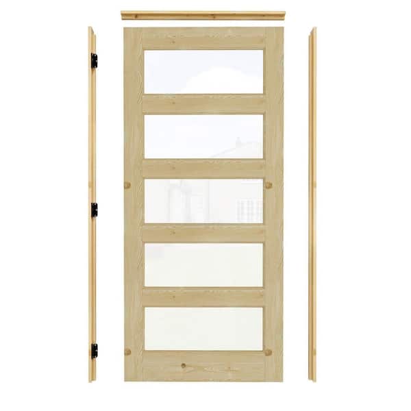 36 in. x 80 in. Left-Handed 5-Lite Clear Glass Unfinished Pine Wood Prehung Front Door with Quick Assemble Jamb