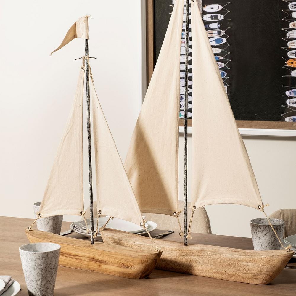 Medium Brown and Cream Polished Nautical Sailboat Accent