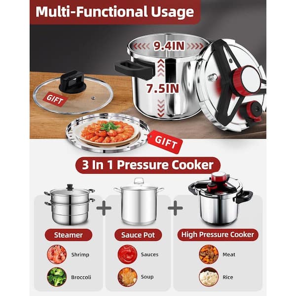 JFVKAF 3-in-1 8-Piece Stainless Steel Pressure Cooker Set Silver