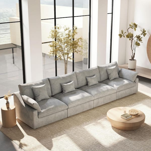 156 in. Square Arm Linen 4-Piece Oversized Deep Seat Modern Comfy Cloud Modular Sectional Sofa Couch in. Gray
