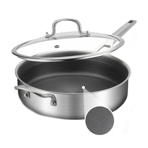 Tri-Ply Stainless Steel 5 qt. Nonstick Saute Pan with Lid, 18/10 Chef Cooking Induction Dishwasher Oven Safe