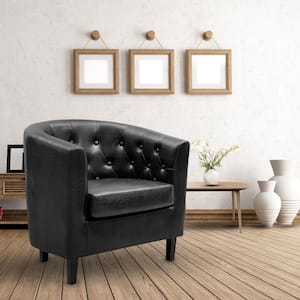 Black Faux Leather Arm Chair, Button Tufted Chair, Midcentury Modern Accent Chair Comfy Armchair