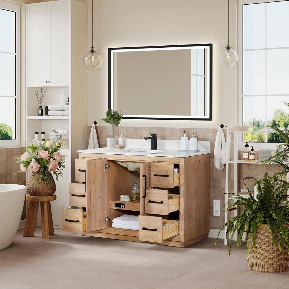 Altair 48" Light Brown Fir Wood Bathroom Vanity with Calacatta Quartz Top