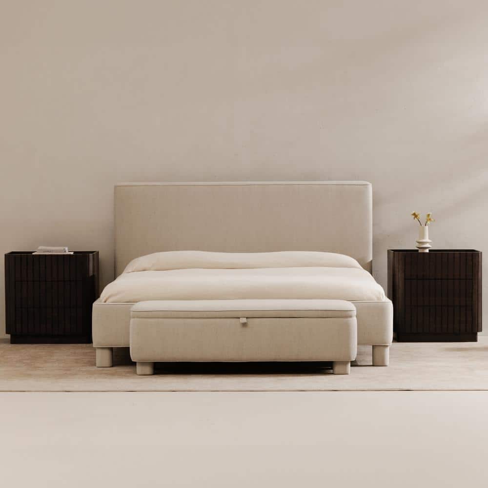 Light Grey Upholstered Storage Bench with Wood Frame