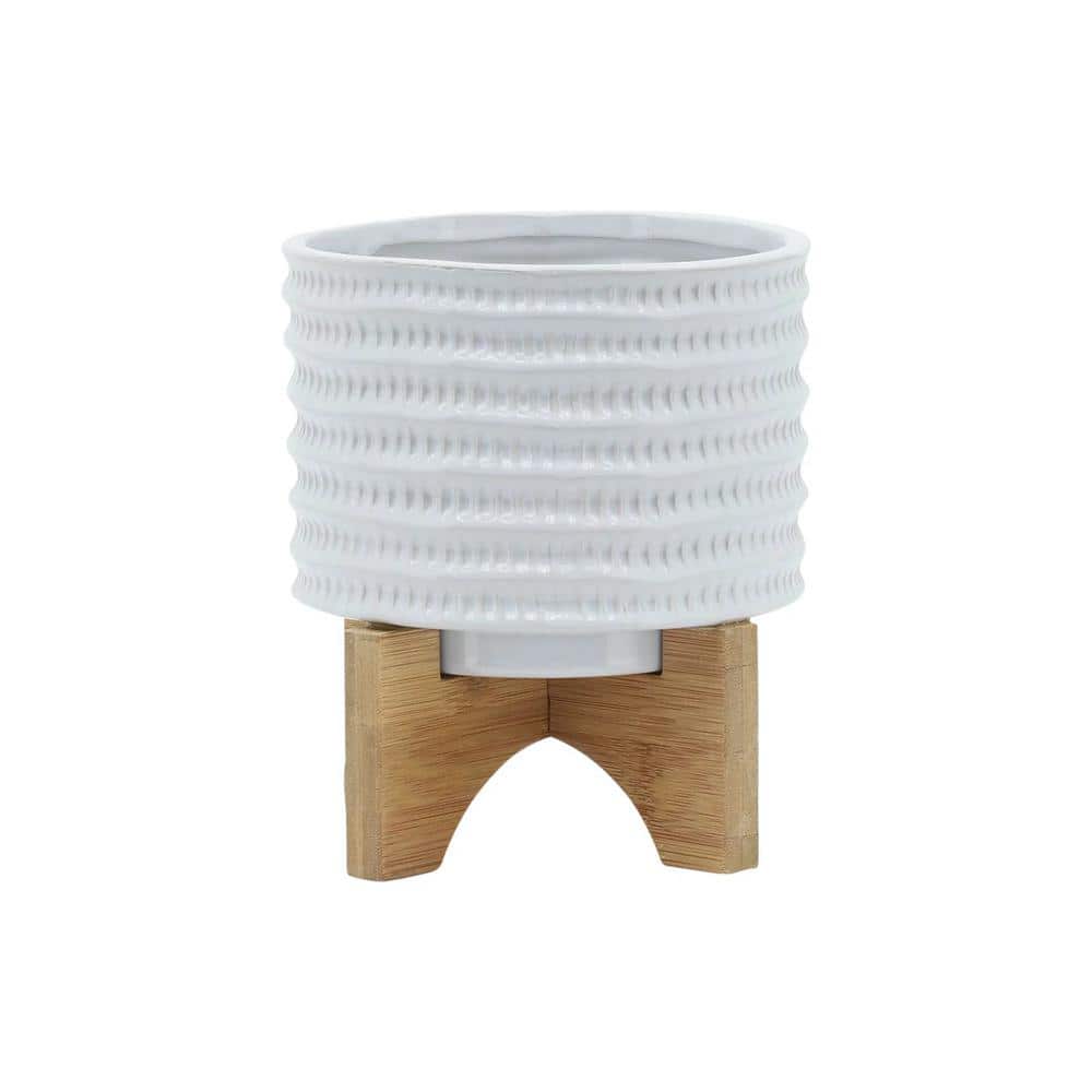 Ceramic Outdoor Planter with Textured Pattern and Wooden Stand For Flower A