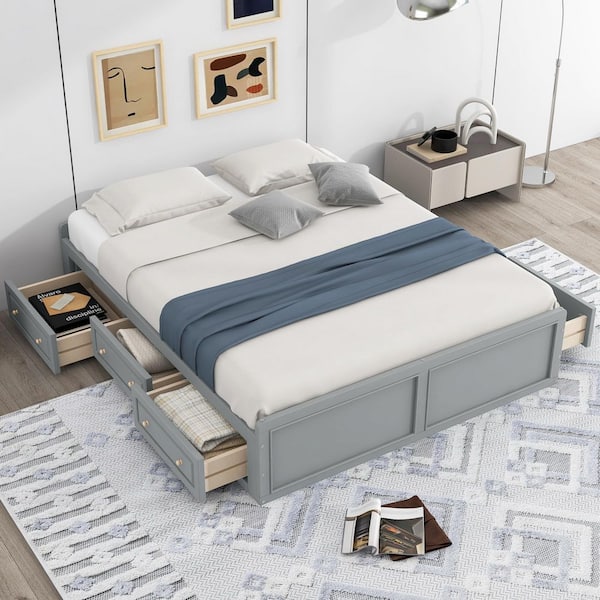 Gray Wood Frame Queen Size Platform Bed with 6 Drawers