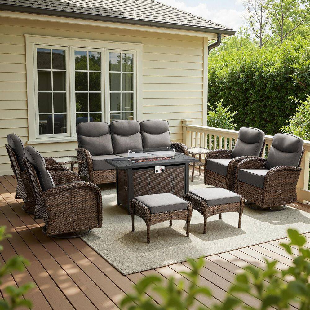 Luna Brown 10-Piece Wicker Outdoor Patio Fire Pit Deep Seating Set with 6-Inch Olefin Gray Cushions price history on PriceWatchPro