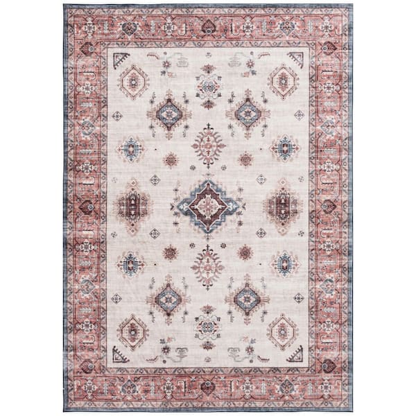 LOOMAKNOTI Wipe Up Areyn Beige Washable 7 ft. 6 in. x 9 ft. 6 in. Oriental Polyester Indoor Area Rug