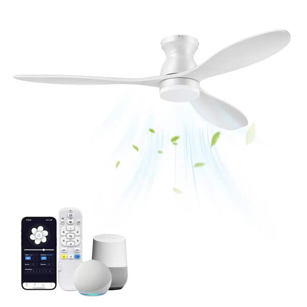 52 in. Smart Outdoor Indoor White Flush Mount Ceiling Fan with Lights Remote, Controll by Voice Alexa App, 6-Speeds