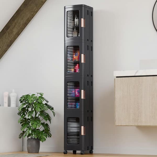 4-Tier Black Narrow Accent Storage Cabinet with Wheels, 65.4 in. Waterproof Organizer for Bathroom, Kitchen, Laundry