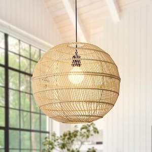 1-Light Natural Rattan Globe Pendant Light with Rattan Shade, No Bulbs Included