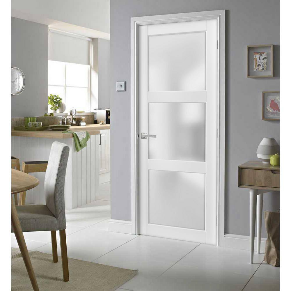 Lucia White Silk Solid Wood Barn Door with Opaque Glass