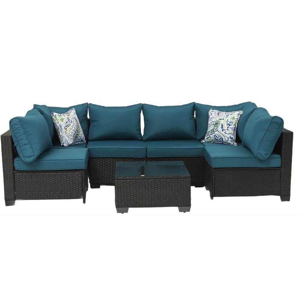 Brown 7-Piece Wicker Outdoor Sectional Set Sectional Sofa Set with Peacock 