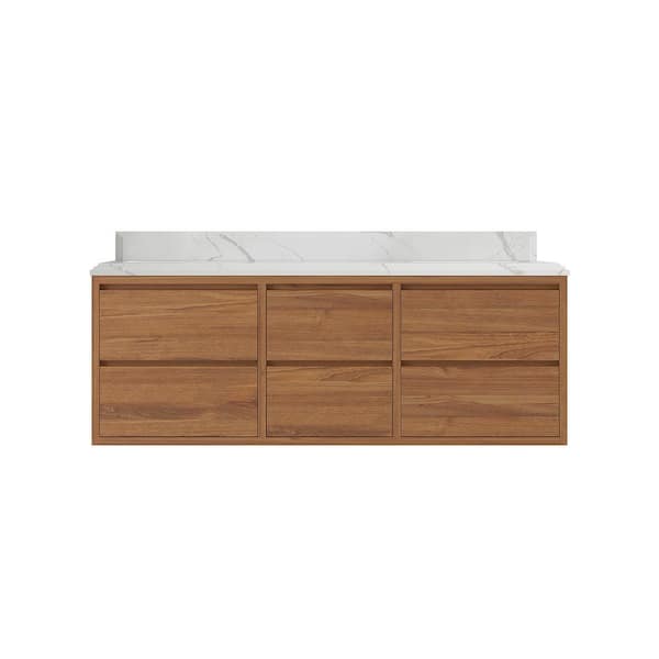 Willow Collections Madison Float 60 in. W x 22 in. D x 36 in. H Double Sink Bath Vanity in Dark Natural with 1.5 in. Calacatta Laza Qt.