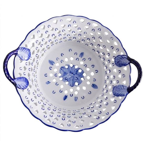 Blue and White Ceramic Fruit Bowl with Handles Porcelain Decorative Serving Plate 9 in. Diameter Tabletop