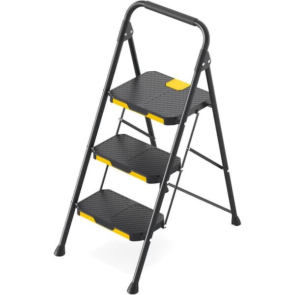 3Step Ladder Sturdy Steel Step Stool with SafeLock Design Handrail Anti-Slip Wide Pedals Black 800lbs Capacity 40.9 in.H