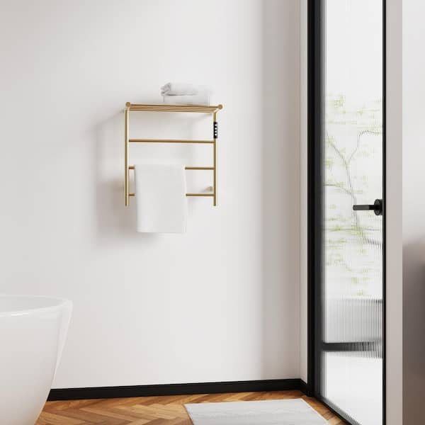 Unbranded Electric Towel Warmer Wall Mount Heated Towel Rack 3-Bar Plug in Hardwired Warmer Drying Rack, Brushed Gold