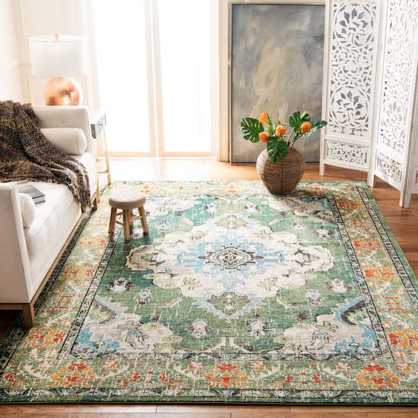 Monaco Forest Green/Light Blue 12 ft. x 18 ft. Distressed Border Medallion Area Rug