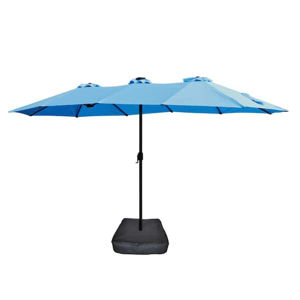 Zeus & Ruta 15 ft. x 9 ft. LED Large Double-Sided Rectangular Outdoor Twin Market  Patio Umbrella with Base in Blue