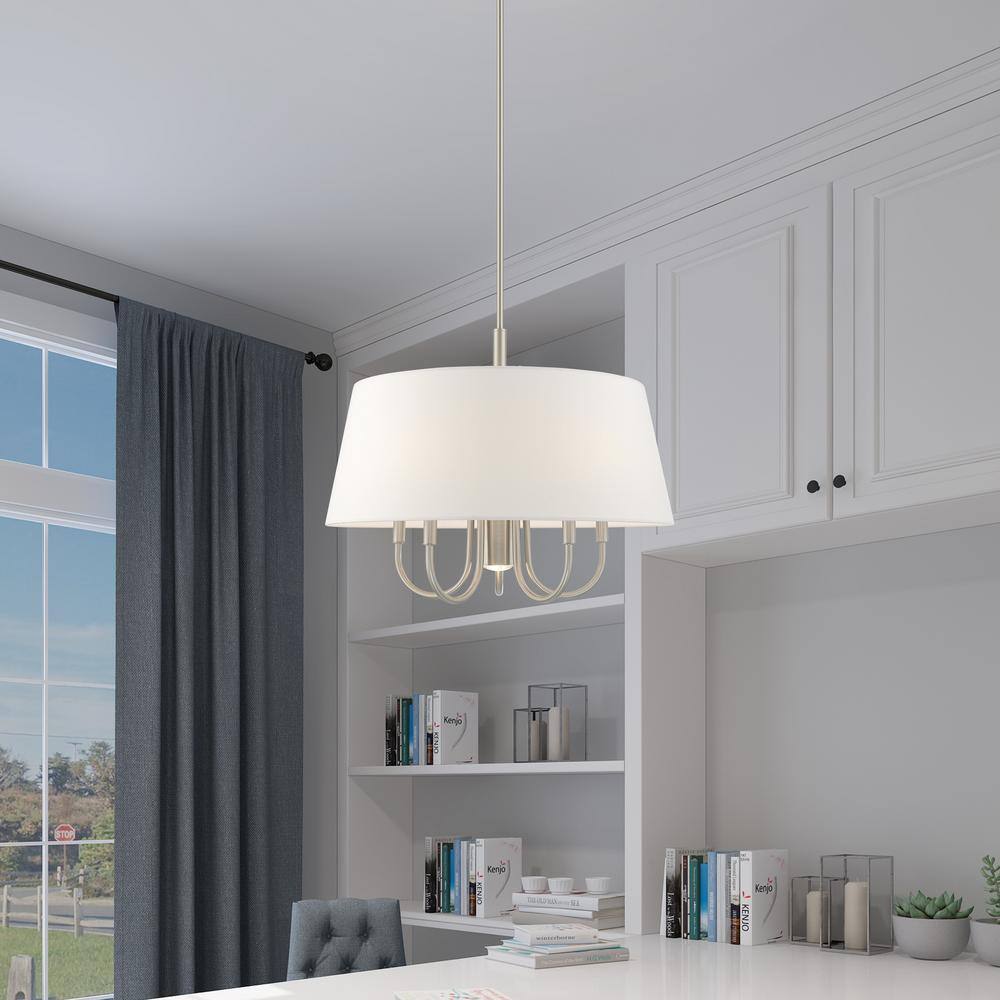 Belclaire 6-Light Brushed Nickel Pendant with Off-White Drum Shade