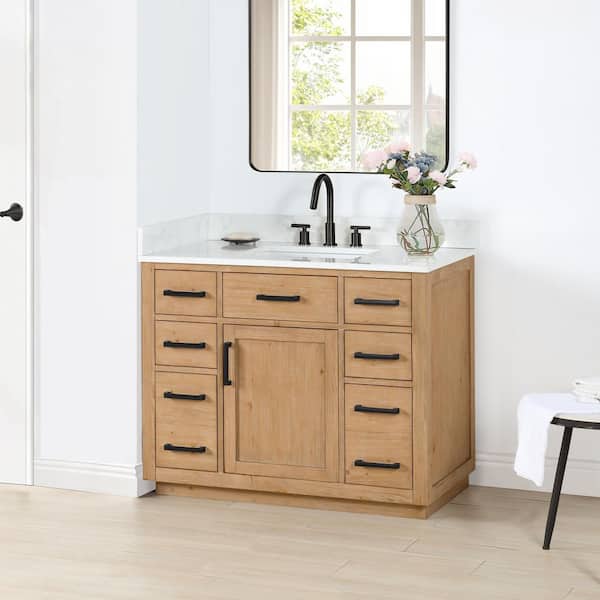 Gavino 42 in.W x 22 in.D x 34 in.H Bath Vanity in Light Brown with Grain White Composite Stone Top
