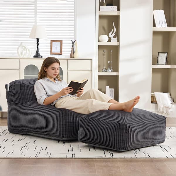Dark Gray Big Lounger Bean Bag Chair for Adults Memory Foam Filled Corduroy Sofa with Ottoman Lazy Couch for Living Room