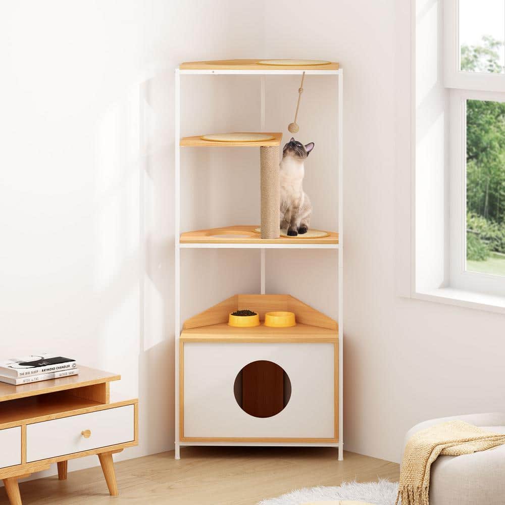 Corner Cat Tower with Scratching Post and Feeding Station
