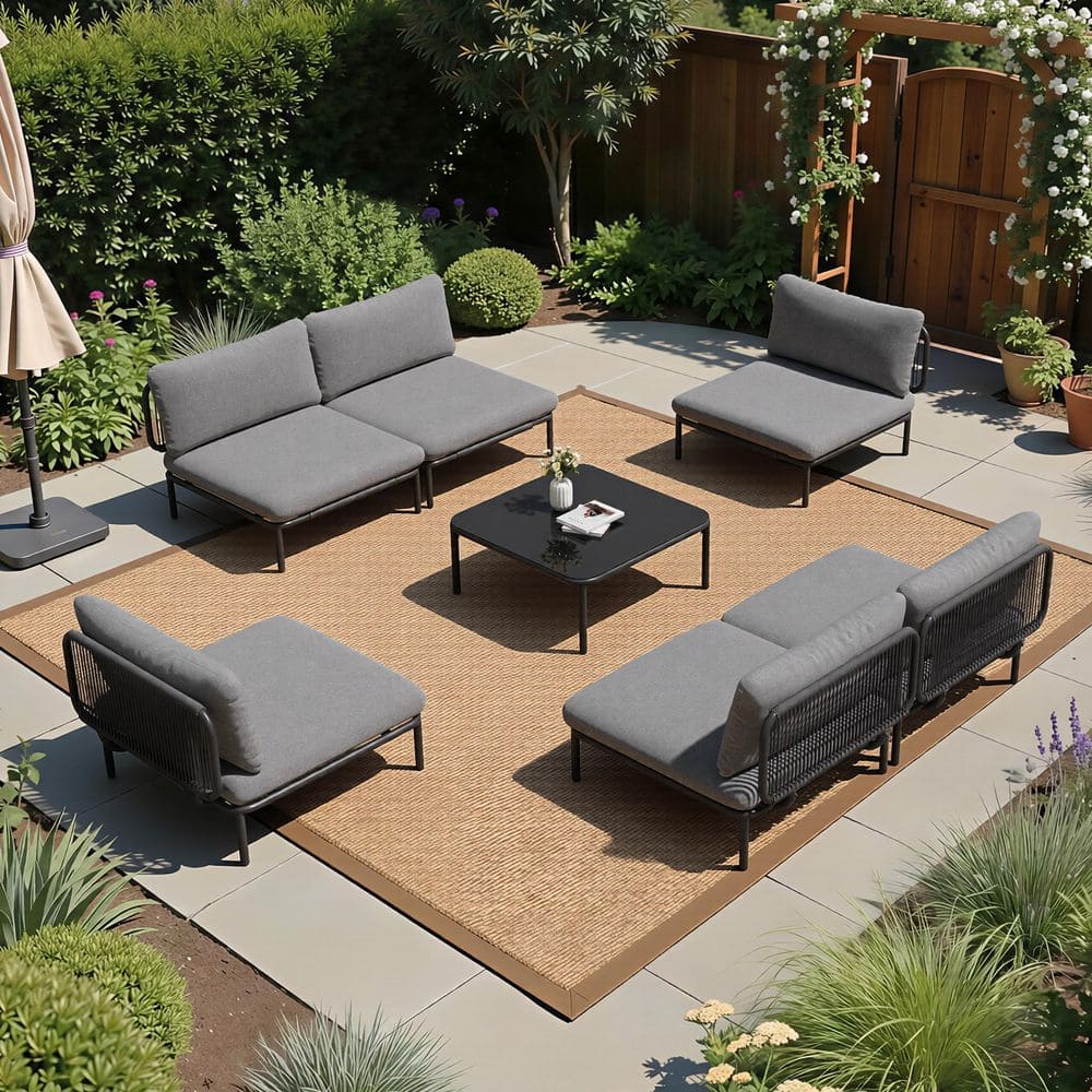 7-Pieces Metal Patio Outdoor Sectional Set Sofa 6-Seater with Table Thickened Cushion in Dark Gray for Backyard Poolside price history on PriceWatchPro