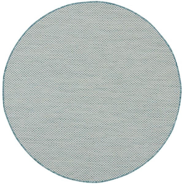 Nourison Courtyard Ivory/Aqua 4 ft. x 4 ft. Solid Geometric Contemporary Round Indoor/Outdoor Area Rug