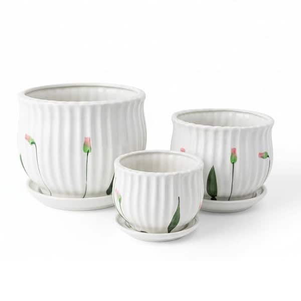 Set of 3 Ceramic Indoor Plant Pots, 4/5.3/6.7 Inch Cute Succulent Garden Planters with Drainage Hole & Saucer
