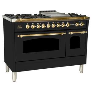 48 in. 5.0 cu. ft. Double Oven Dual Fuel Italian Range True Convection,7 Burners,Griddle,LP Gas,Brass Trim/Glossy Black