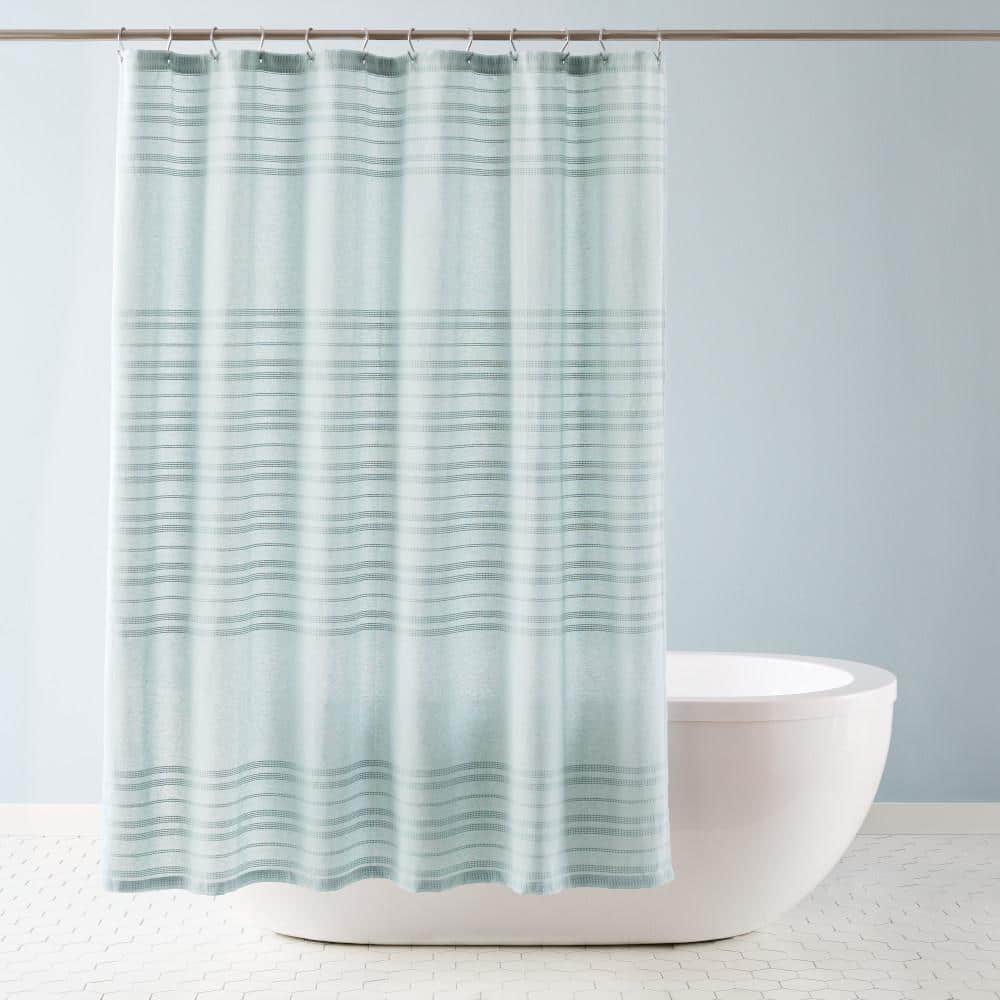 Town \u0026 Country Everyday Sophia Textured Solid Cotton-Rich Breathable Fabric Shower Curtain with Reinforced Buttonhole Top Hem, Aqua Blue, 70\, image size:1000x1000
