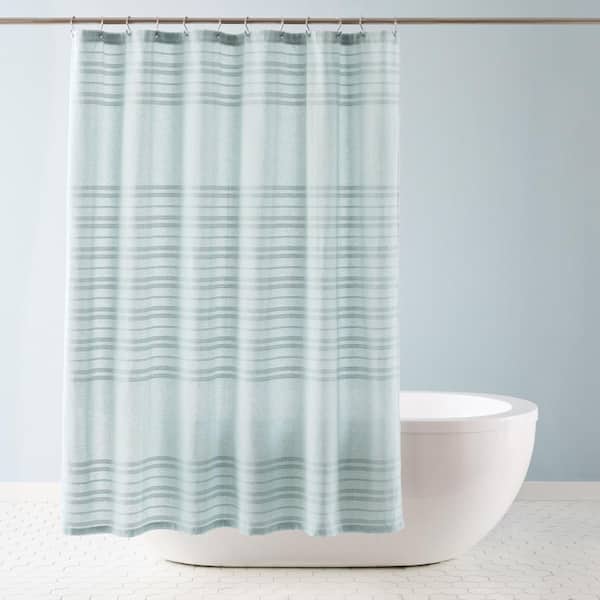TOWN & COUNTRY LIVING Sophia Textured Cotton Stripe 70 in. x 72 in. Shower Curtain Aqua Blue