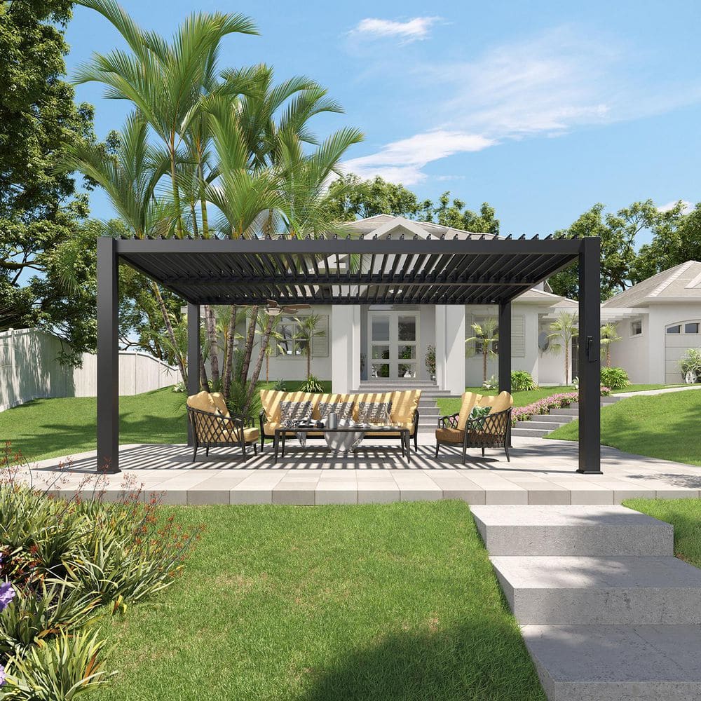 Sizzim 16 ft. x 10 ft. Black Metal Pergola with Adjustable